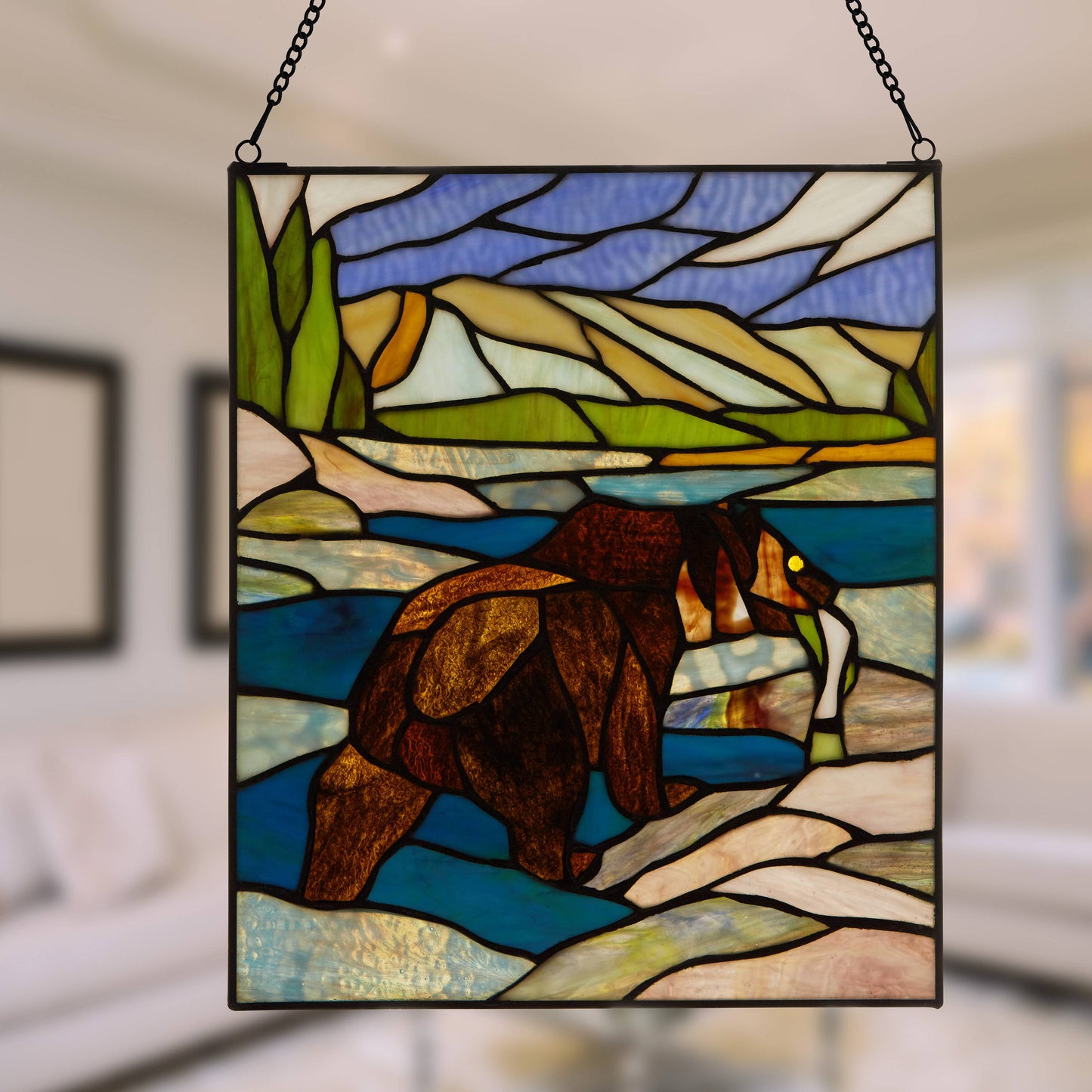 14"H Brown Bear Stained Glass Window Panel