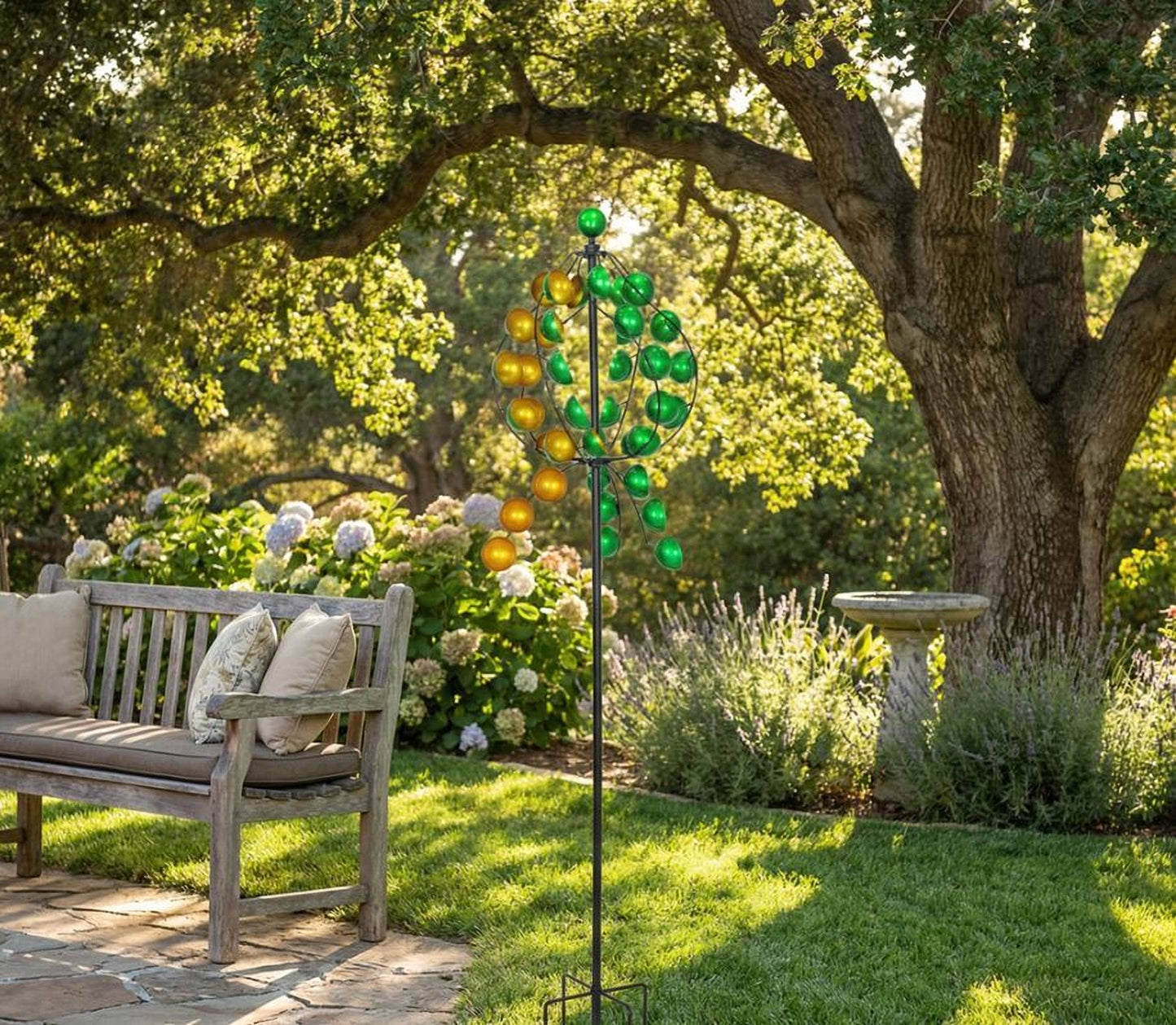 Colorful Metal Wind Spinner Stake Green and Yellow Circles