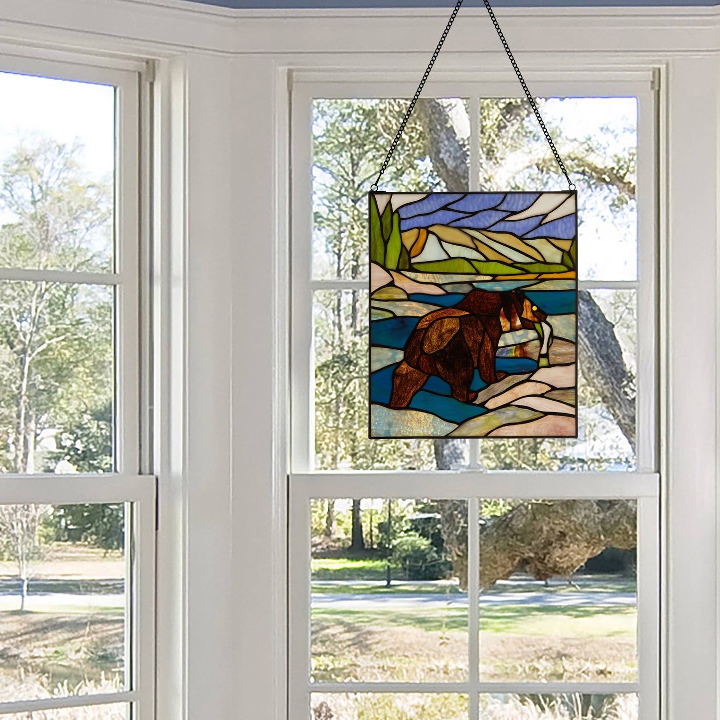 14"H Brown Bear Stained Glass Window Panel