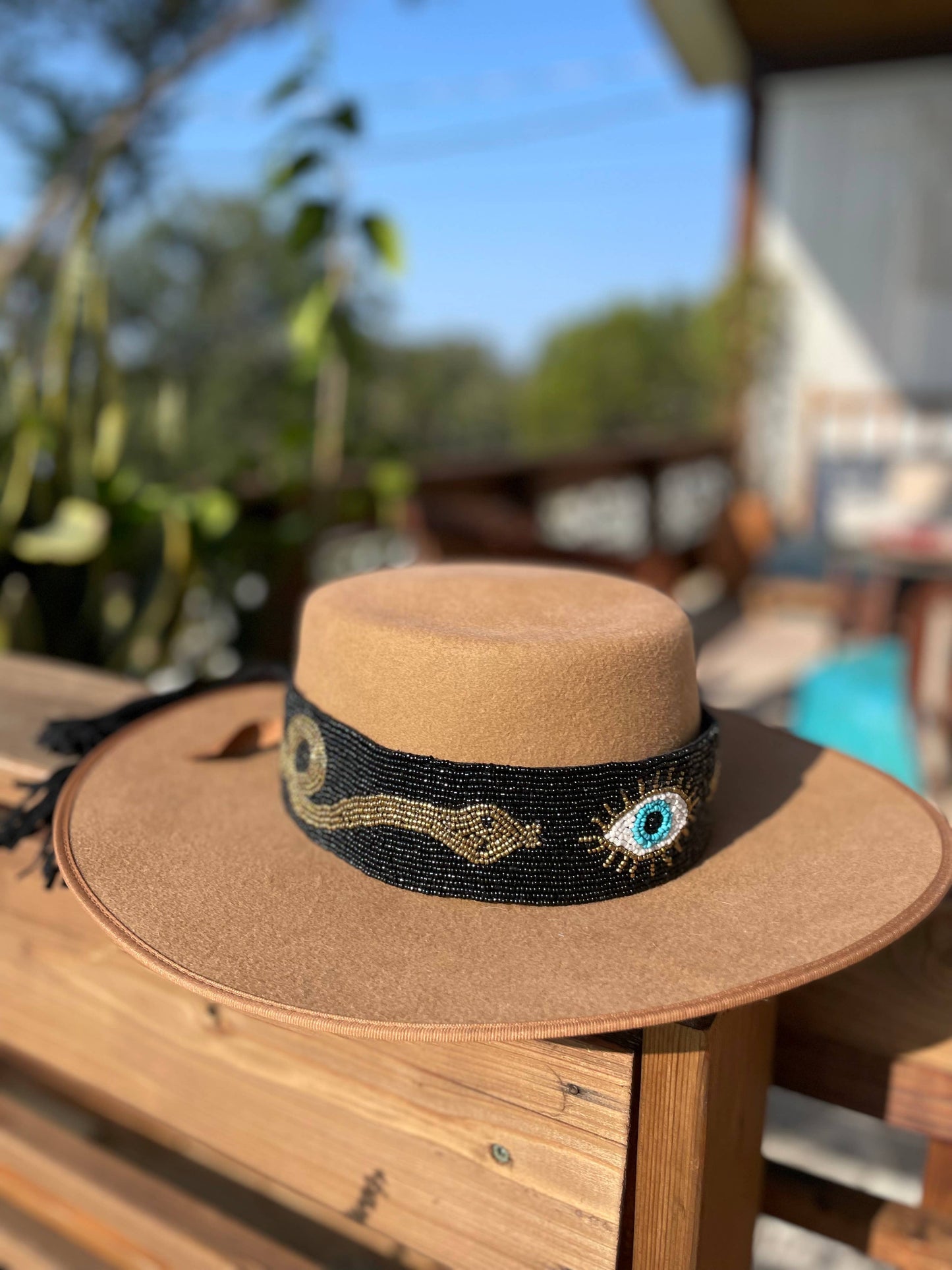 Hand beaded evil eye and snake belt or Hat Band