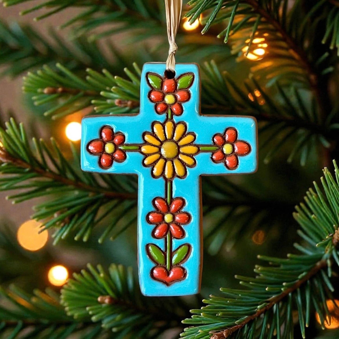 Playful Flowers Ceramic Cross Artisanally Crafted Ornament