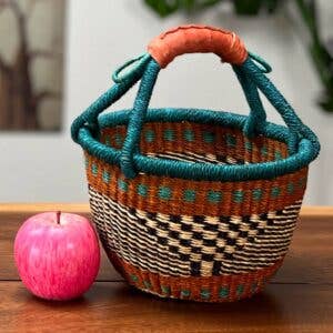 African Bolga Baskets : Mini Round w/Leather Handle (G-149A)