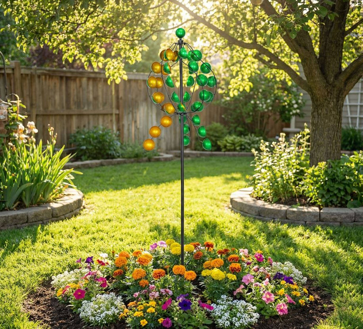 Colorful Metal Wind Spinner Stake Green and Yellow Circles