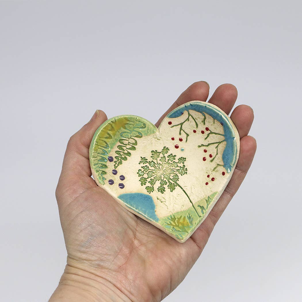 Pottery Dish Bowl - Heart Large Pressed Flowers