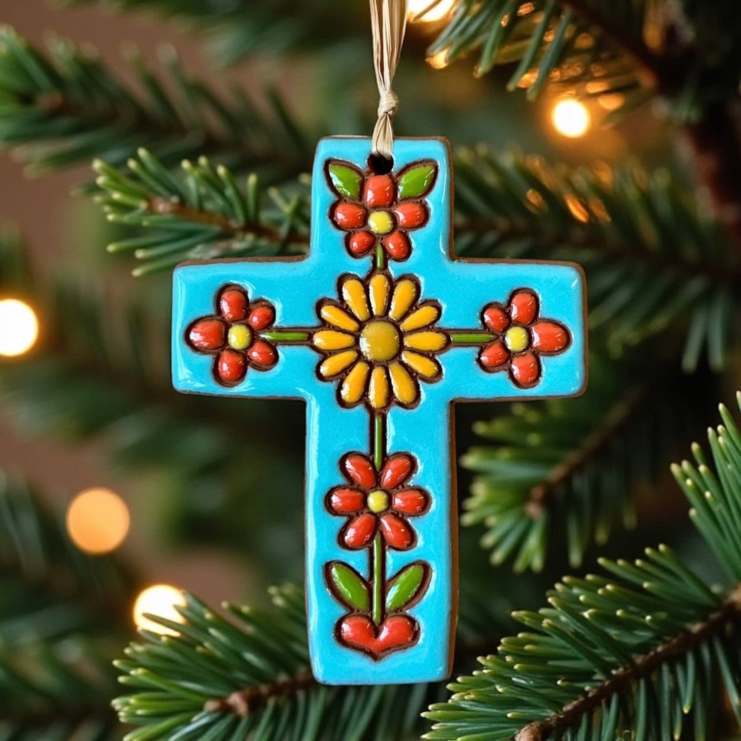Playful Flowers Ceramic Cross Artisanally Crafted Ornament