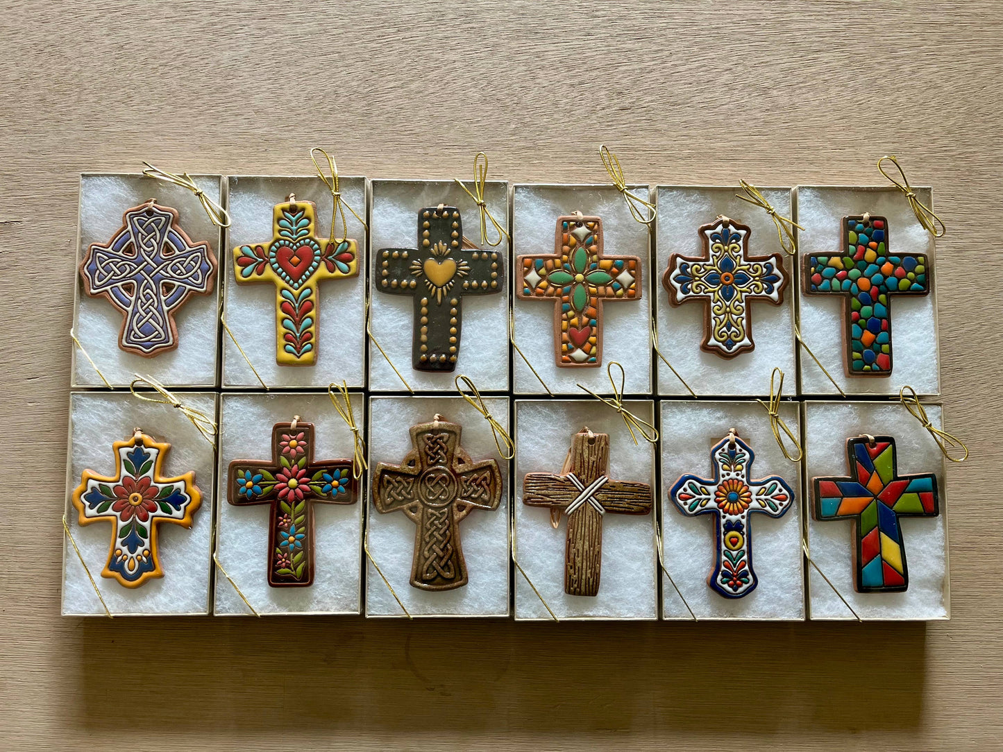 Playful Flowers Ceramic Cross Artisanally Crafted Ornament