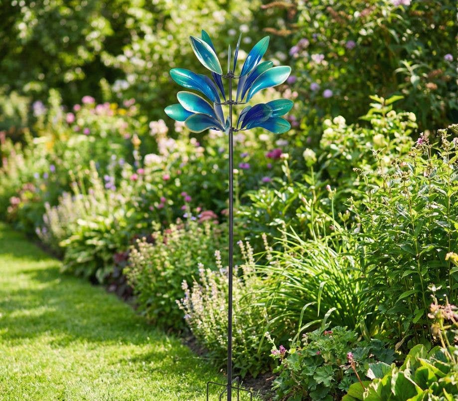 Colorful Metal Blue and Green Kinetic Wind Spinner Stake