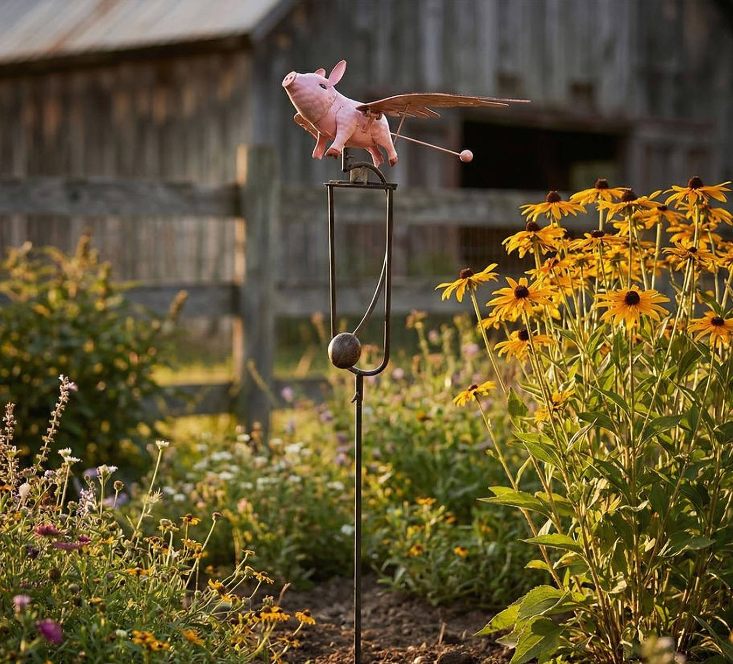 Single Metal Rustic Rocking Flying Pig Stake