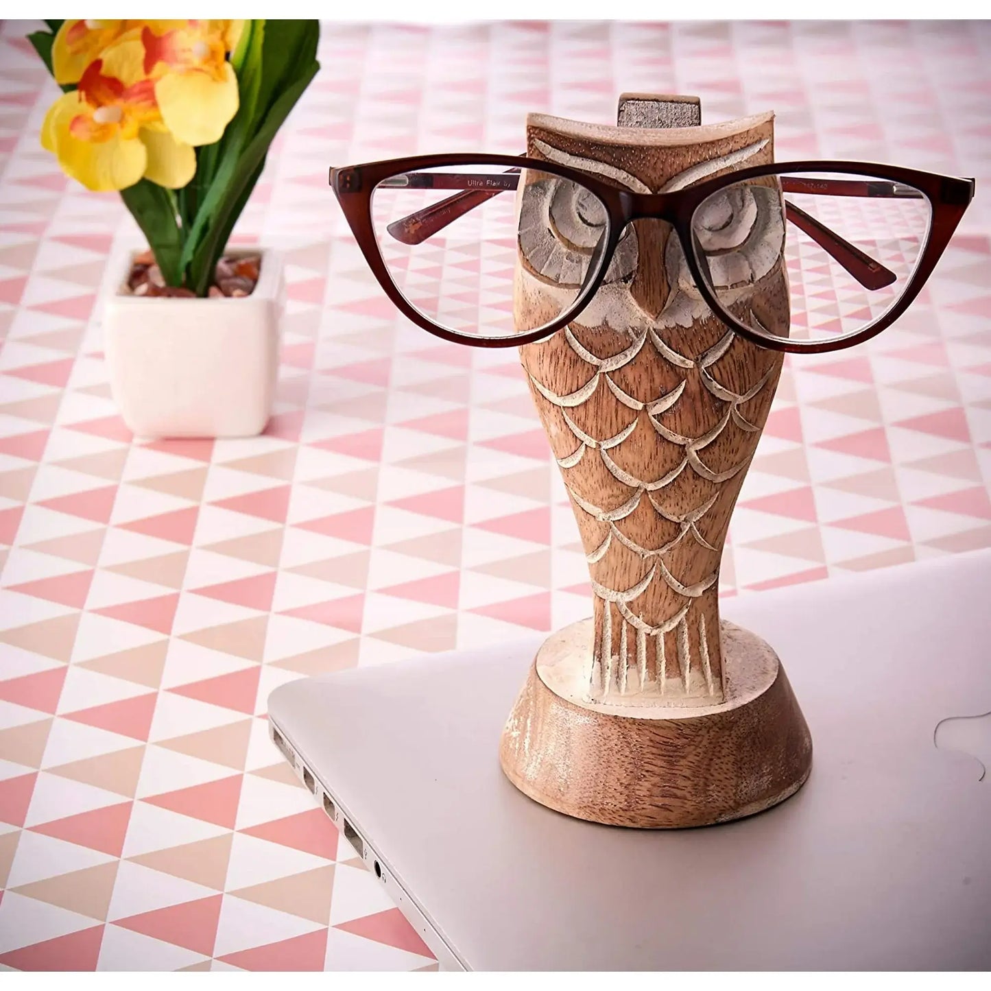Hand-Carved Owl Eyeglass Holder – Rustic Wood Display Stand