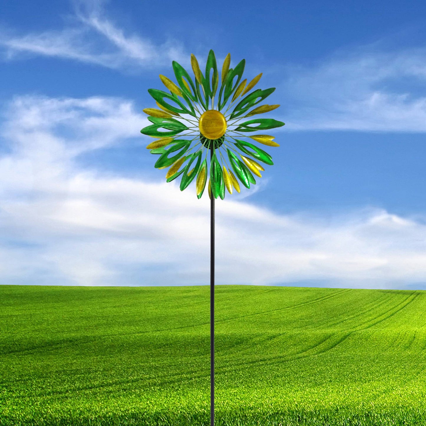 Yellow/Green Metal Flower Wind Spinner Garden Stake