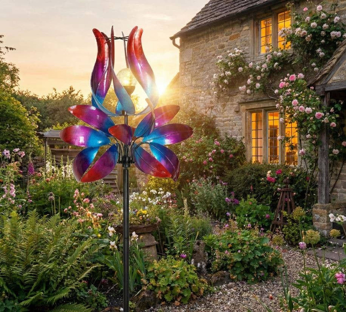 Solar Colorful Metal Wind Spinner Stake-Pink Tulip Petals