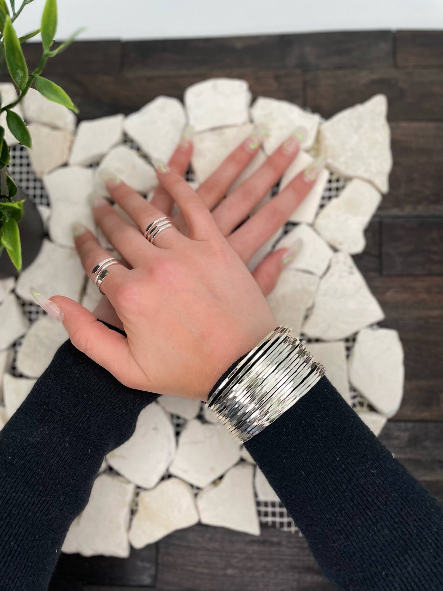 Silver Plated Adjustable Cuff Bracelet - Hammered Bands