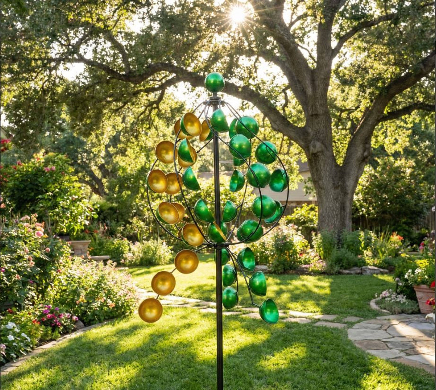 Colorful Metal Wind Spinner Stake Green and Yellow Circles