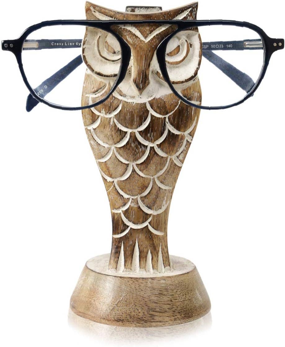 Hand-Carved Owl Eyeglass Holder – Rustic Wood Display Stand