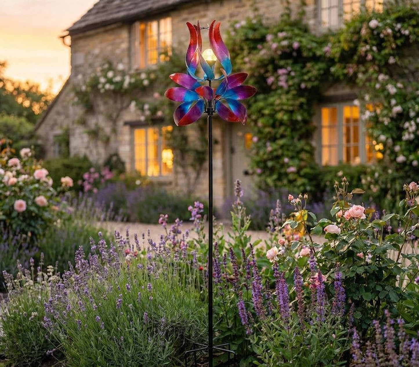 Solar Colorful Metal Wind Spinner Stake-Pink Tulip Petals