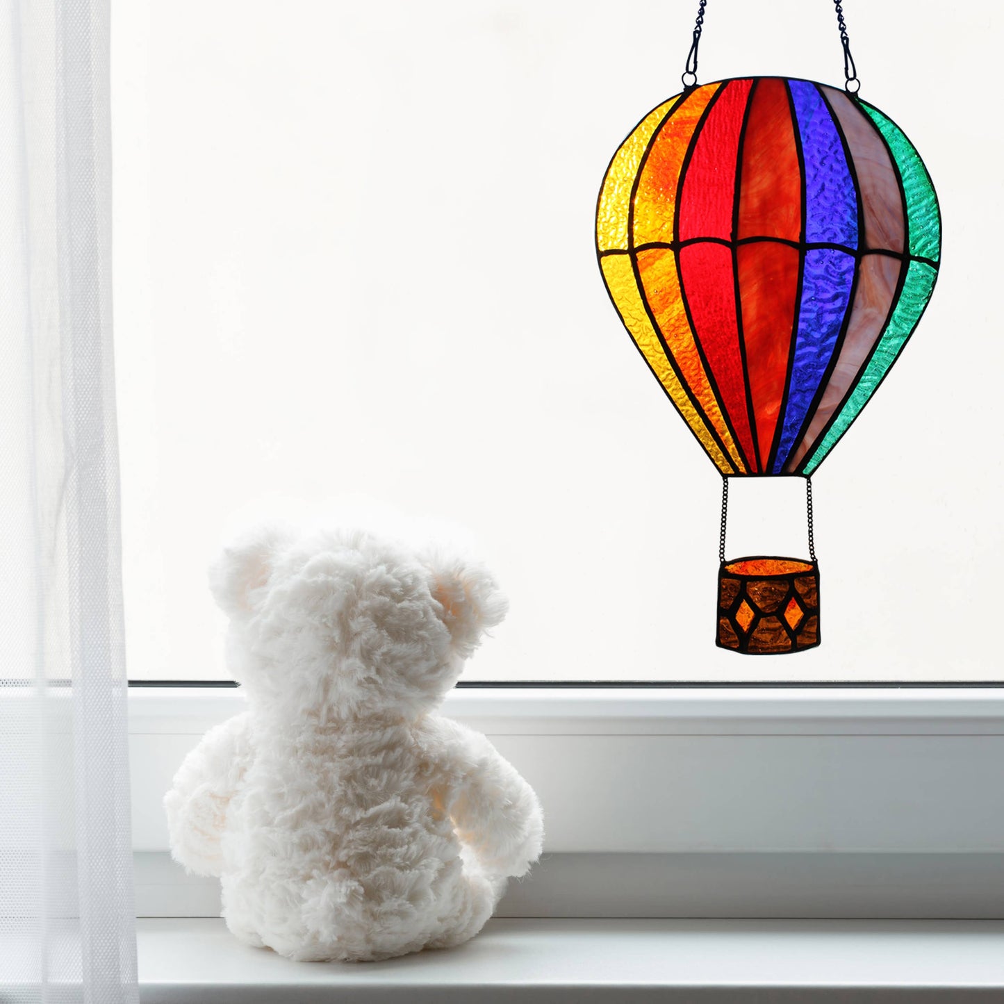 11" Otis Red Hot Air Balloon Stained Glass Window Panel