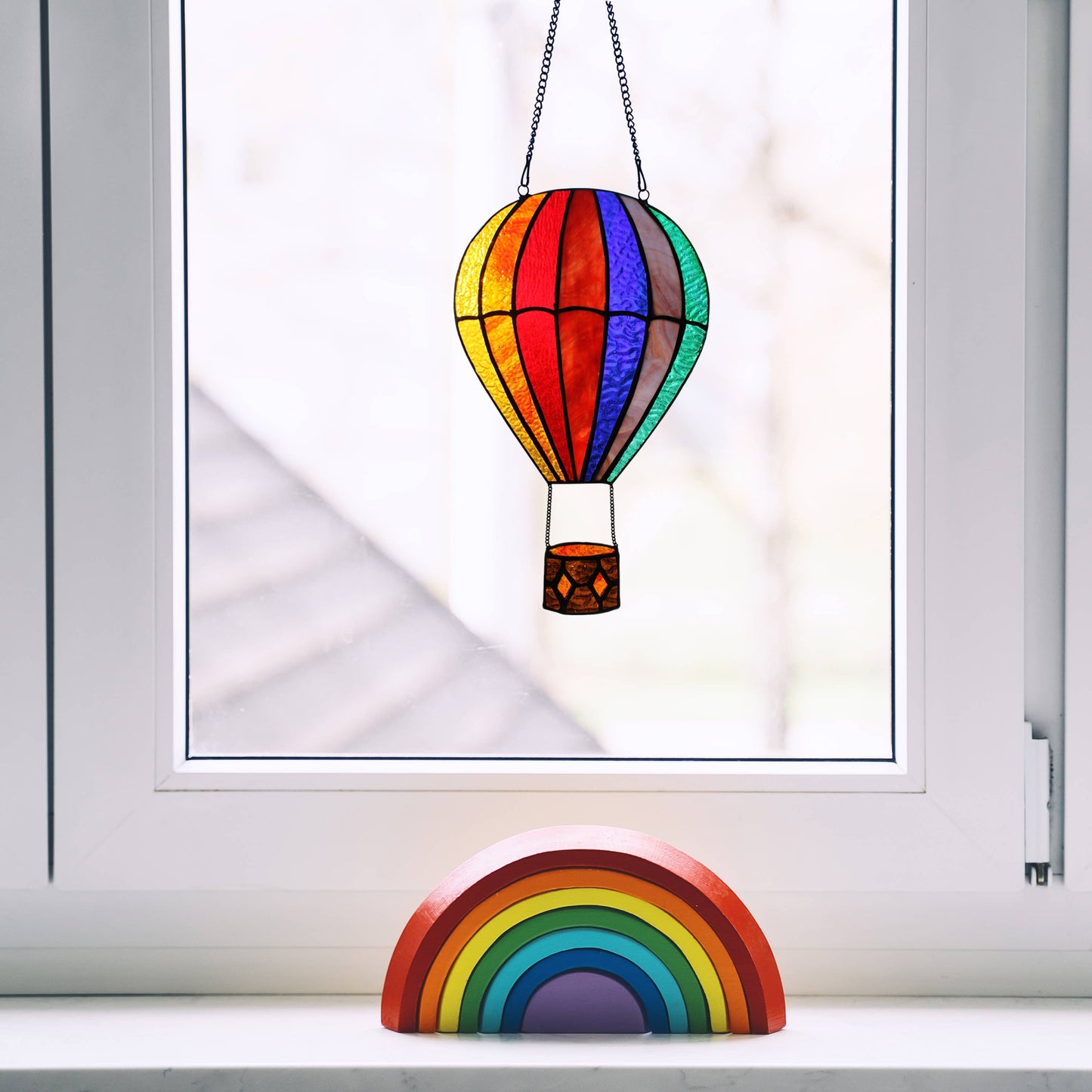 11" Otis Red Hot Air Balloon Stained Glass Window Panel