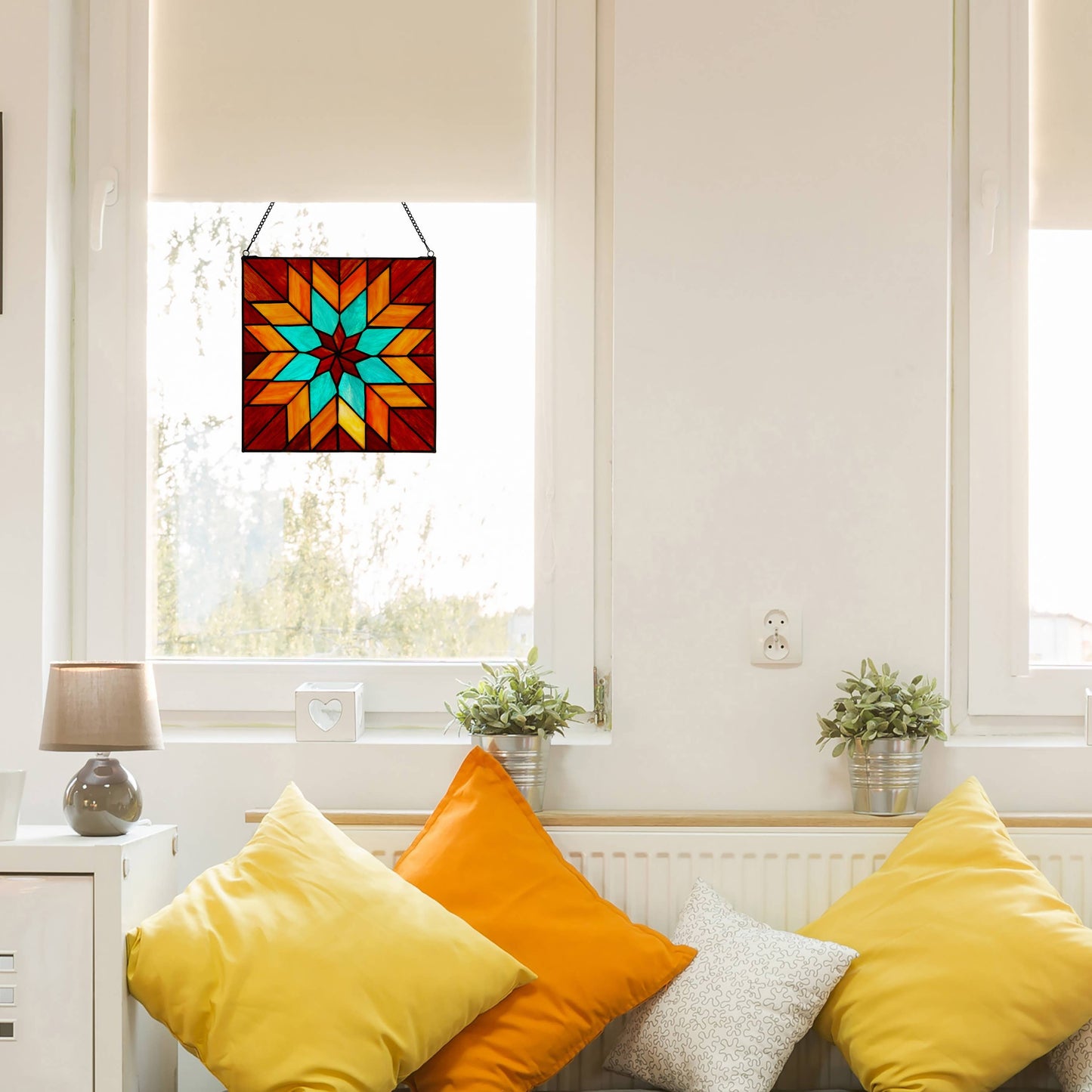 12"H Red & Teal Quilt Square Stained Glass Window Panel