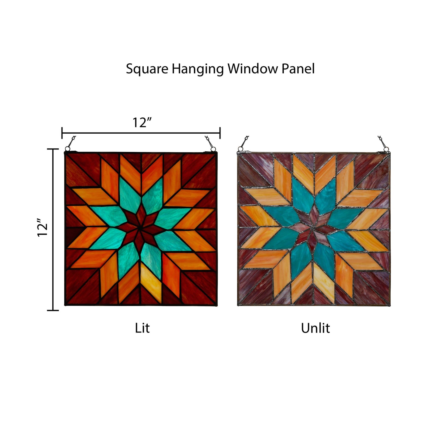 12"H Red & Teal Quilt Square Stained Glass Window Panel
