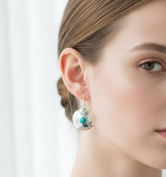 Sterling Silver 925 Handmade Hammered Turquoise Drop Earrings