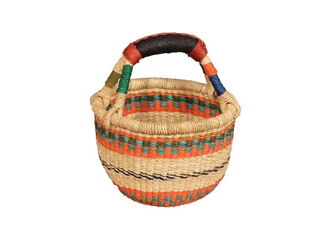 African Bolga Baskets : Mini Round w/Leather Handle (G-149A)