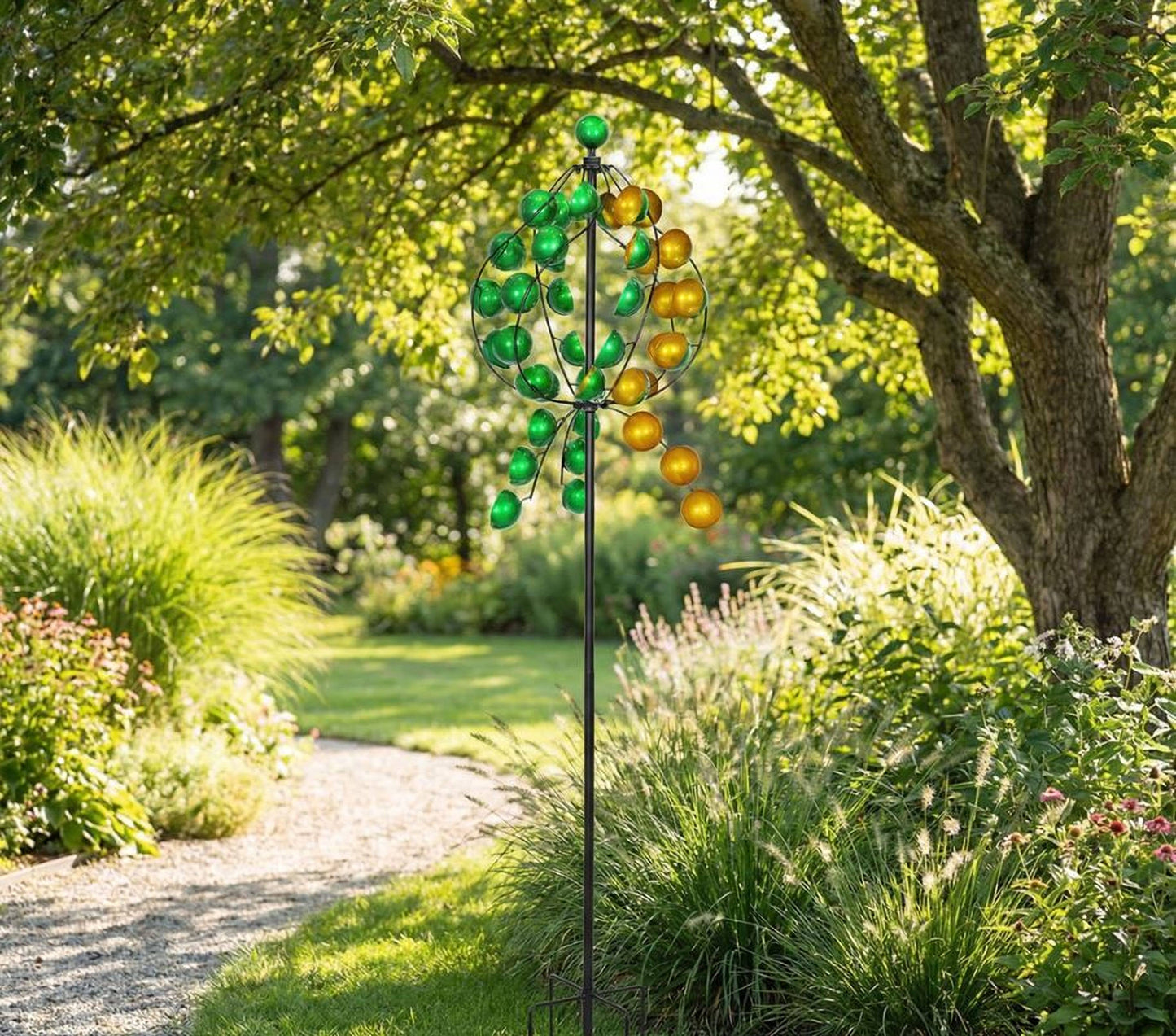 Colorful Metal Wind Spinner Stake Green and Yellow Circles