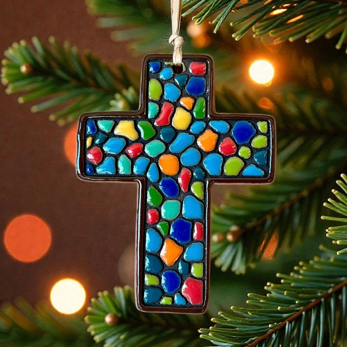 Color Pebble Ceramic Cross Artisanal Ornament