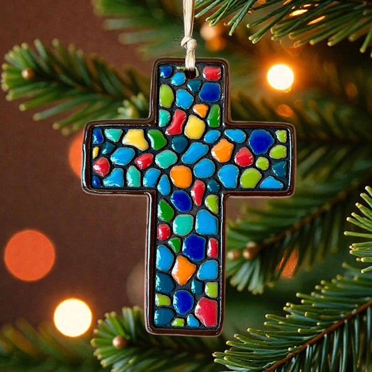 Color Pebble Ceramic Cross Artisanal Ornament