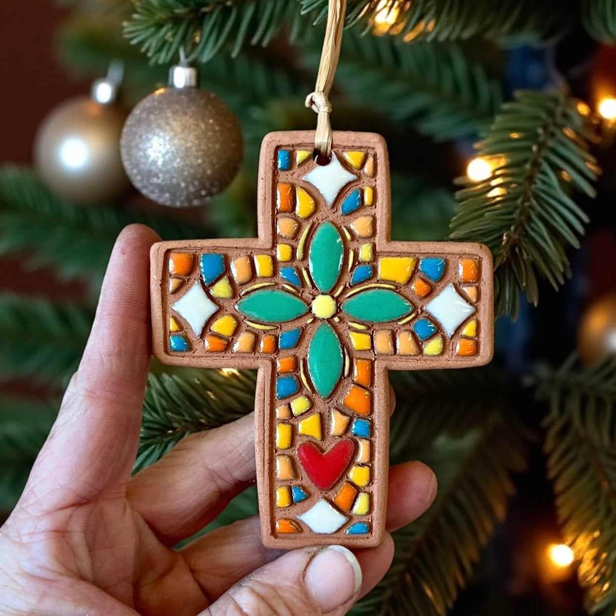 Mosaic Flower Cross Artisanal Ornament