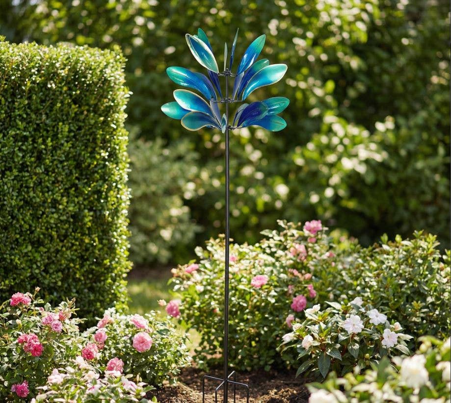 Colorful Metal Blue and Green Kinetic Wind Spinner Stake