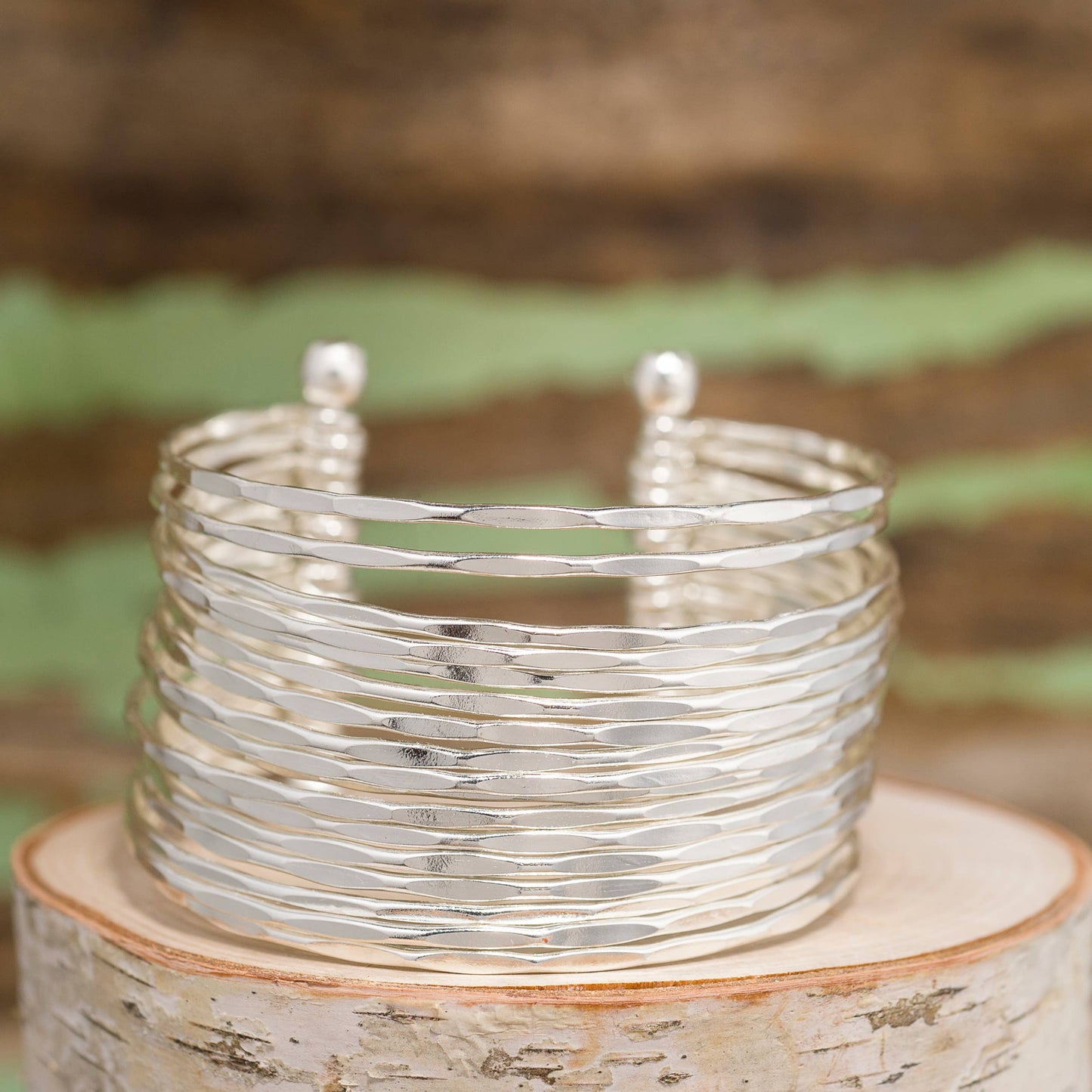 Silver Plated Adjustable Cuff Bracelet - Hammered Bands