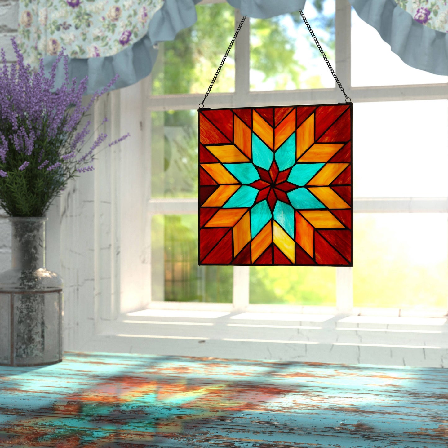 12"H Red & Teal Quilt Square Stained Glass Window Panel