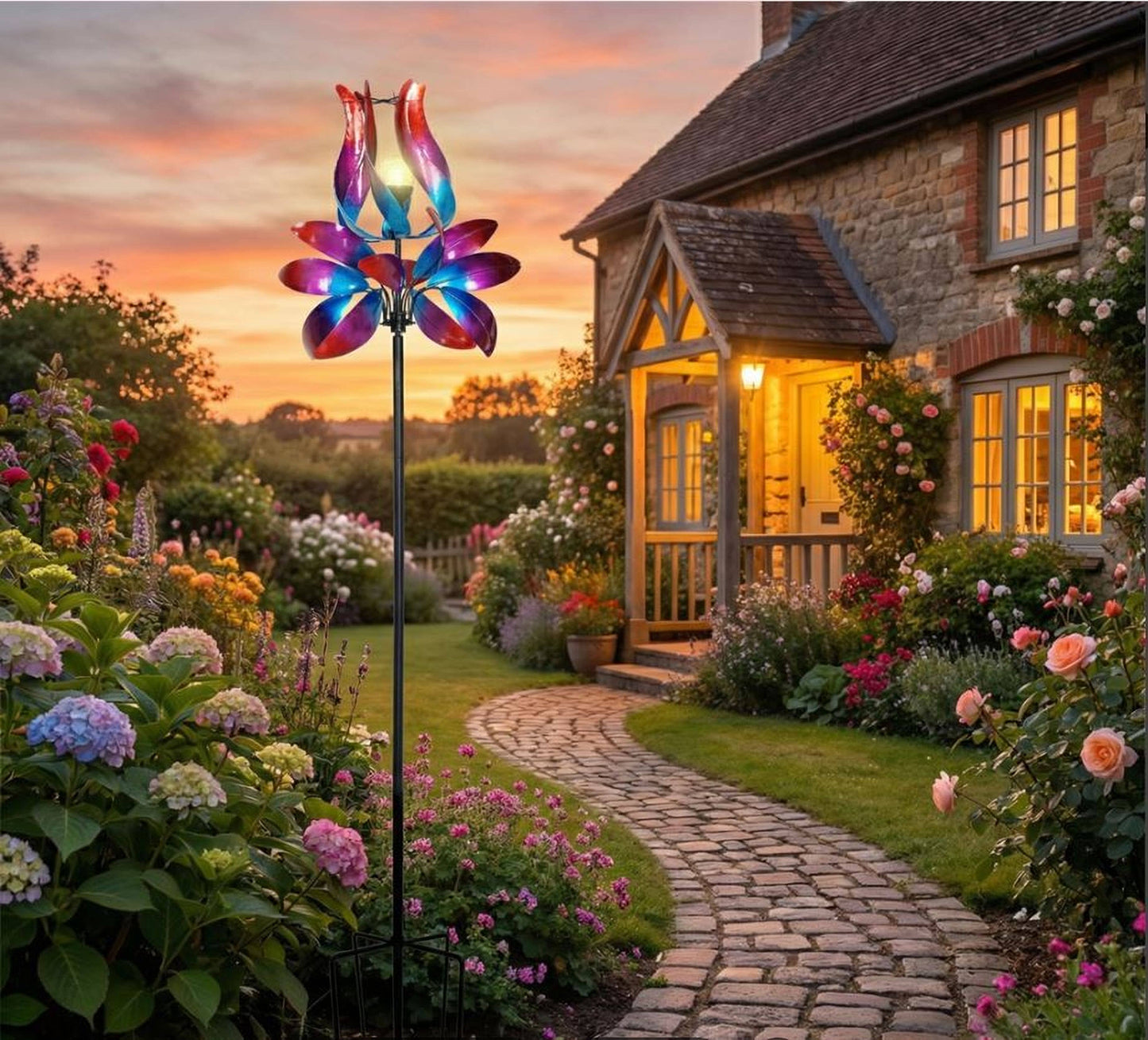Solar Colorful Metal Wind Spinner Stake-Pink Tulip Petals