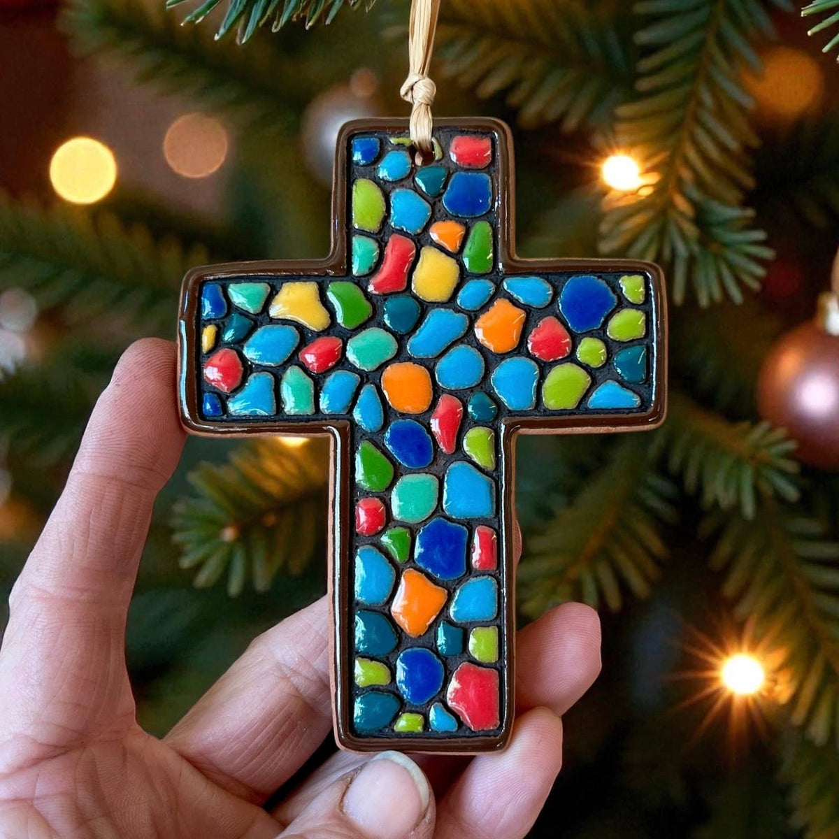 Color Pebble Ceramic Cross Artisanal Ornament