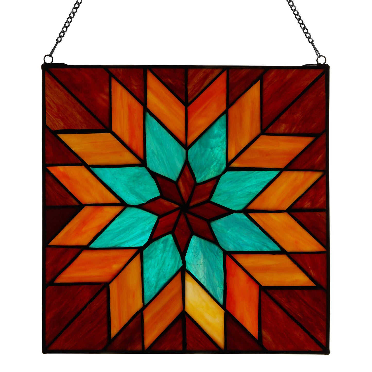 12"H Red & Teal Quilt Square Stained Glass Window Panel