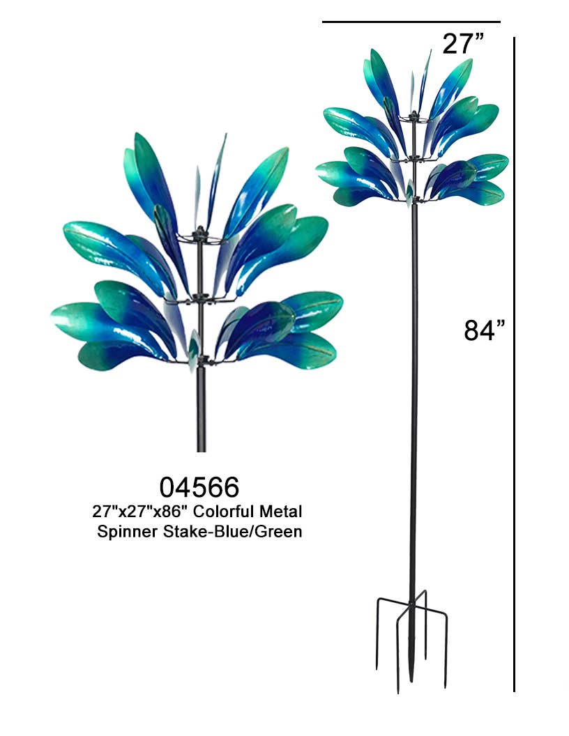 Colorful Metal Blue and Green Kinetic Wind Spinner Stake