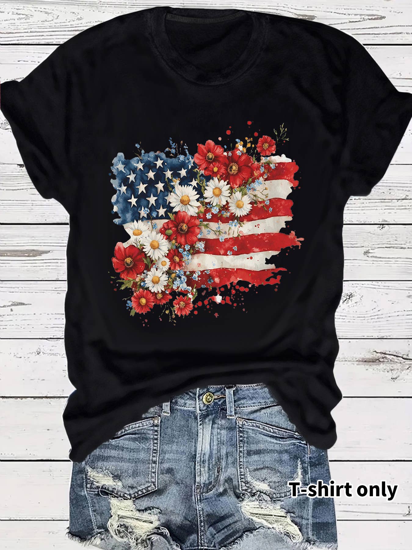 Patriotic Wildflower American Flag Graphic T-Shirt