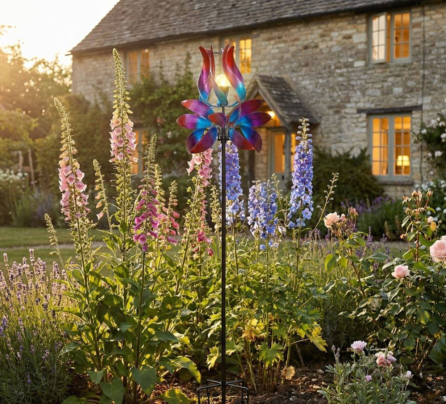 Solar Colorful Metal Wind Spinner Stake-Pink Tulip Petals
