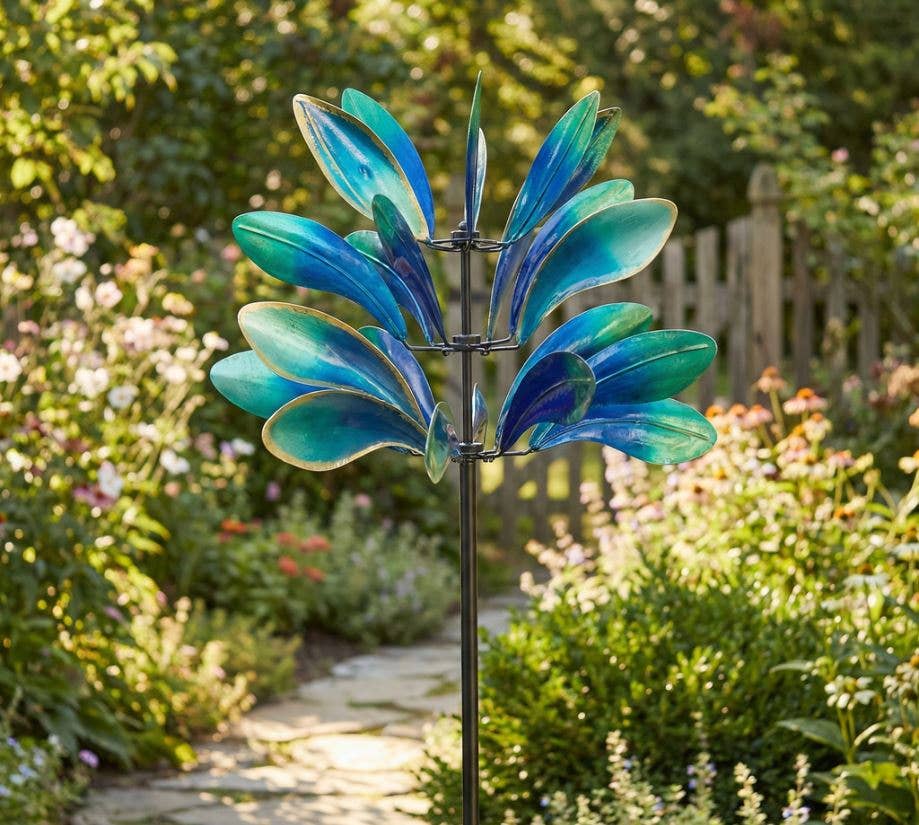 Colorful Metal Blue and Green Kinetic Wind Spinner Stake