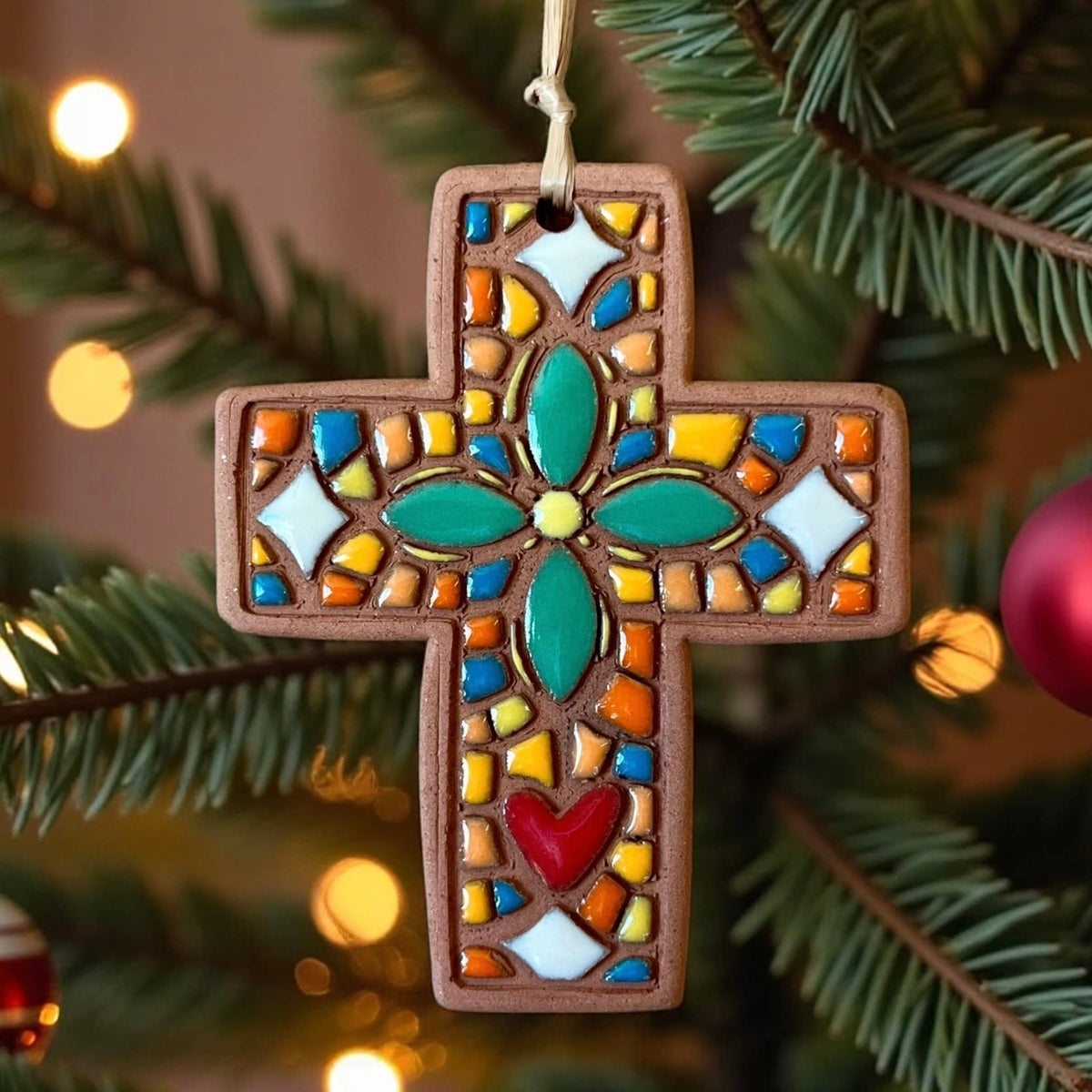 Mosaic Flower Cross Artisanal Ornament