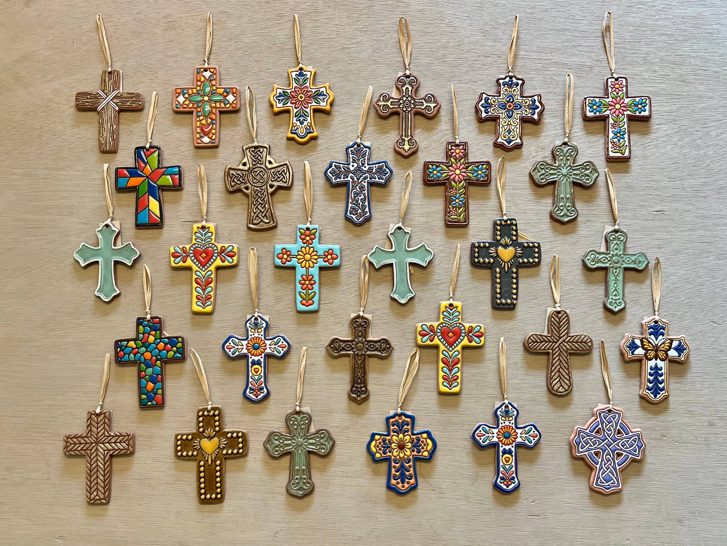 Playful Flowers Ceramic Cross Artisanally Crafted Ornament