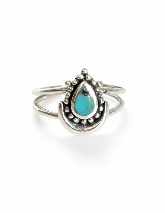 Sterling Silver Turquoise Beaded Crescent Moon Ring