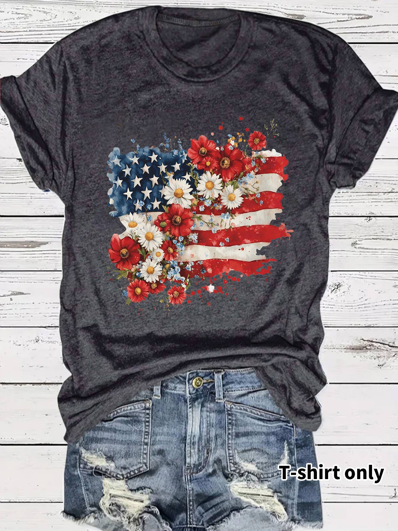 Patriotic Wildflower American Flag Graphic T-Shirt