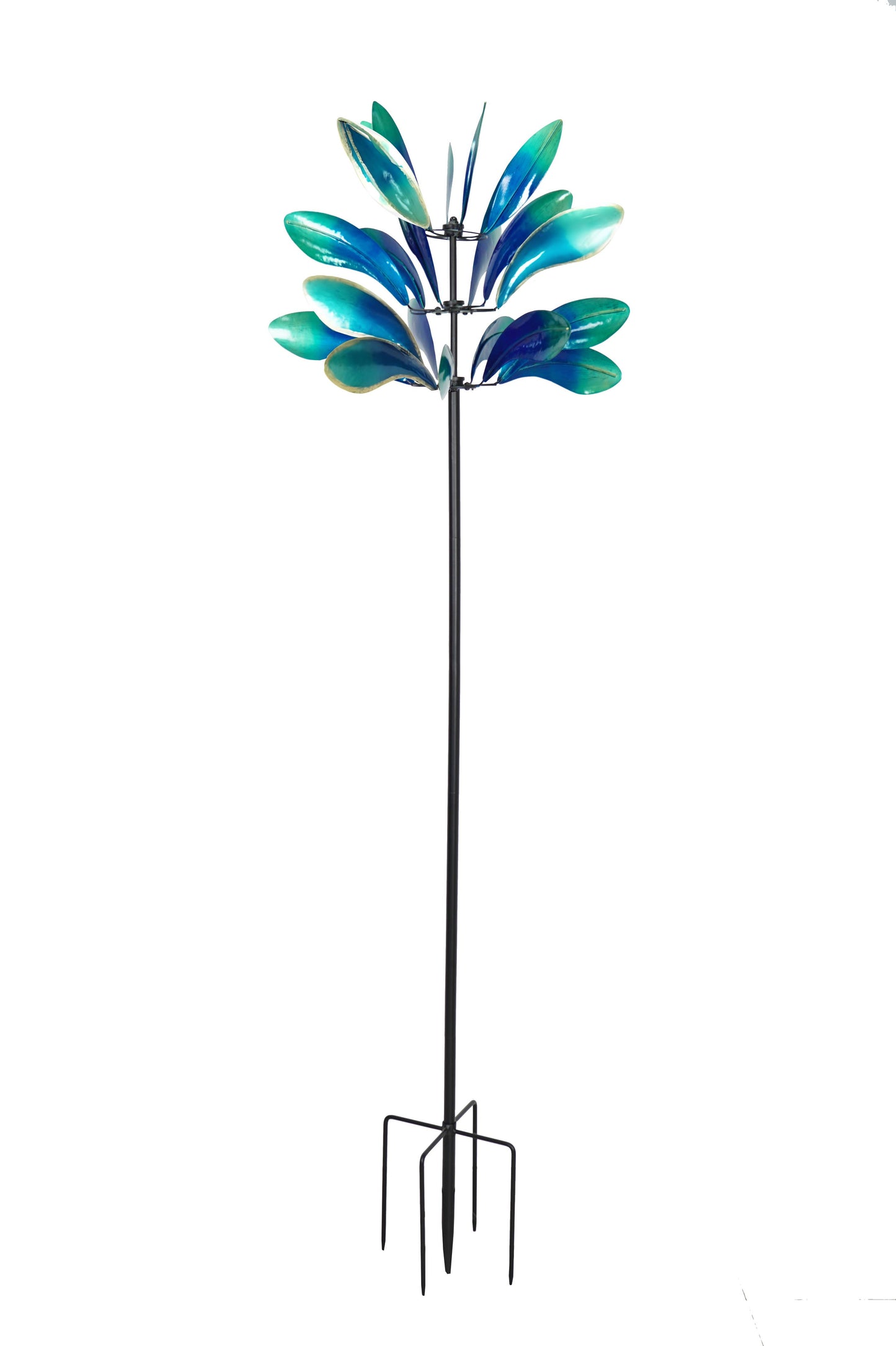 Colorful Metal Blue and Green Kinetic Wind Spinner Stake