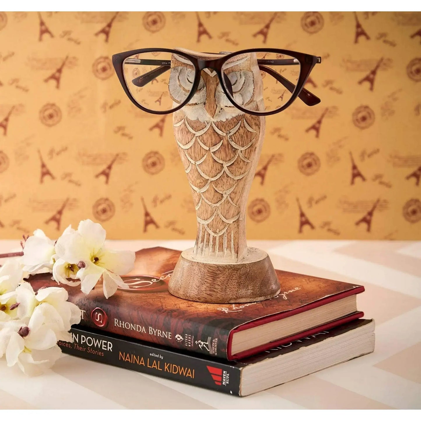 Hand-Carved Owl Eyeglass Holder – Rustic Wood Display Stand