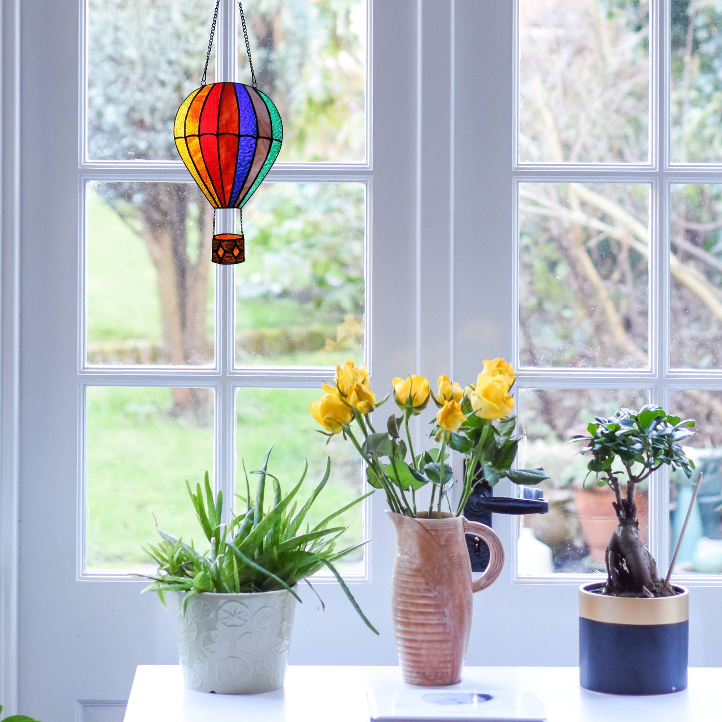 11" Otis Red Hot Air Balloon Stained Glass Window Panel