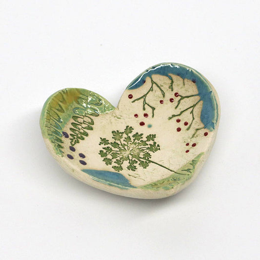 Pottery Dish Bowl - Heart Large Pressed Flowers