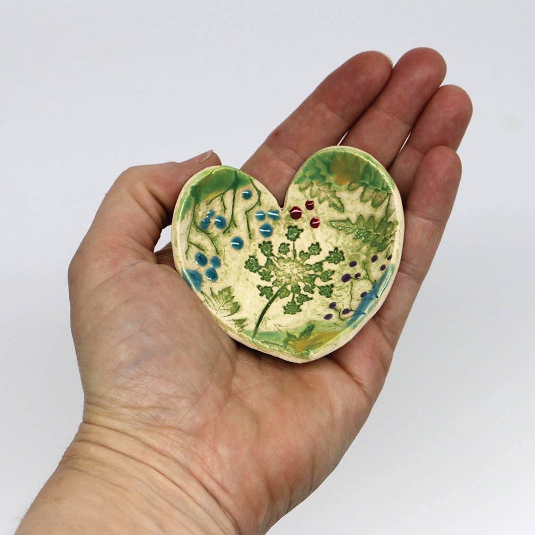 Pottery Dish Bowl - Heart Small Pressed Flowers
