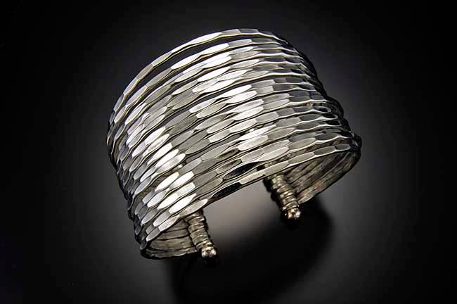 Silver Plated Adjustable Cuff Bracelet - Hammered Bands