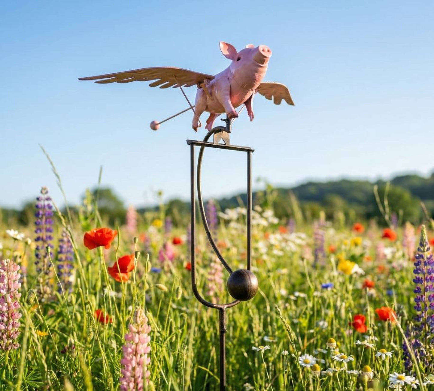 Single Metal Rustic Rocking Flying Pig Stake